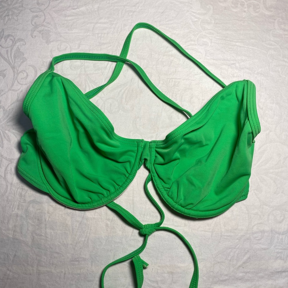 Vintage HEAT Swim Bikini Top Cross Back Underwire Adjustable Bright Green D Cup